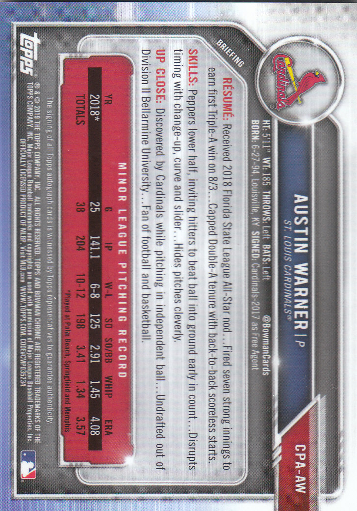 Tarjetas paralelas y inserciones de béisbol Bowman Chrome 2019 "Prospect Autographs" - Imagen 3 de 29