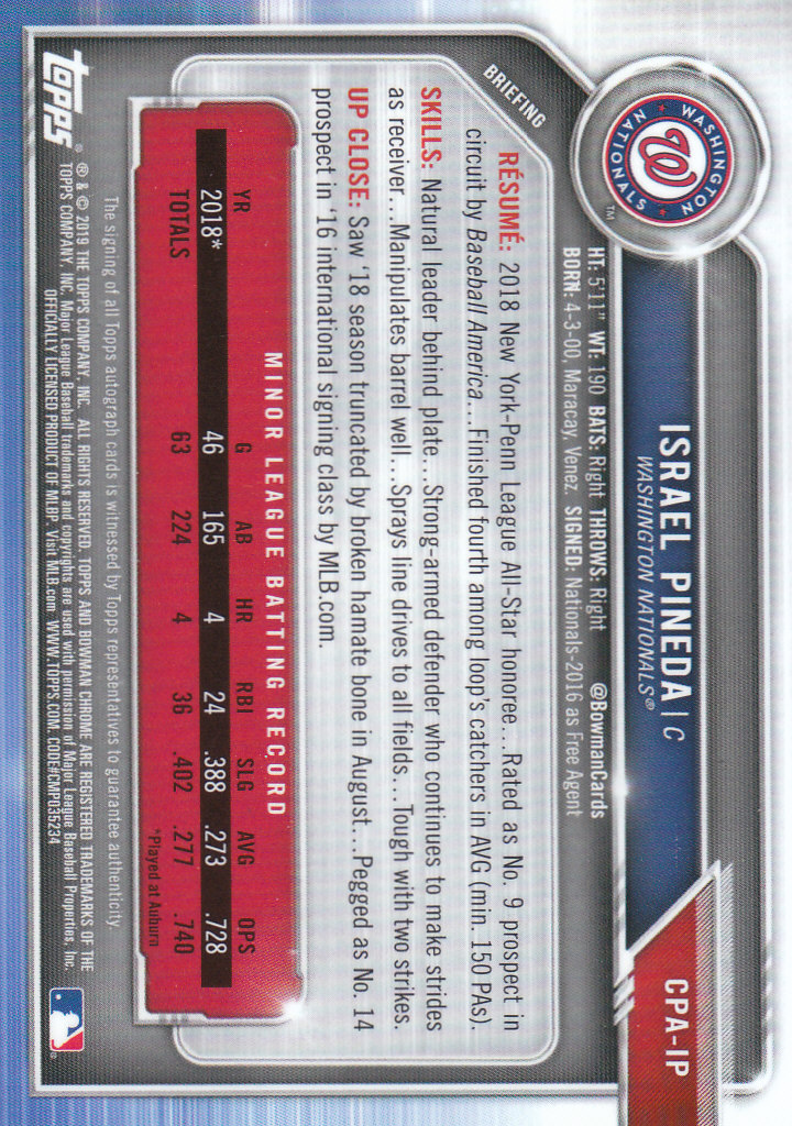 Tarjetas paralelas y inserciones de béisbol Bowman Chrome 2019 "Prospect Autographs" - Imagen 7 de 29