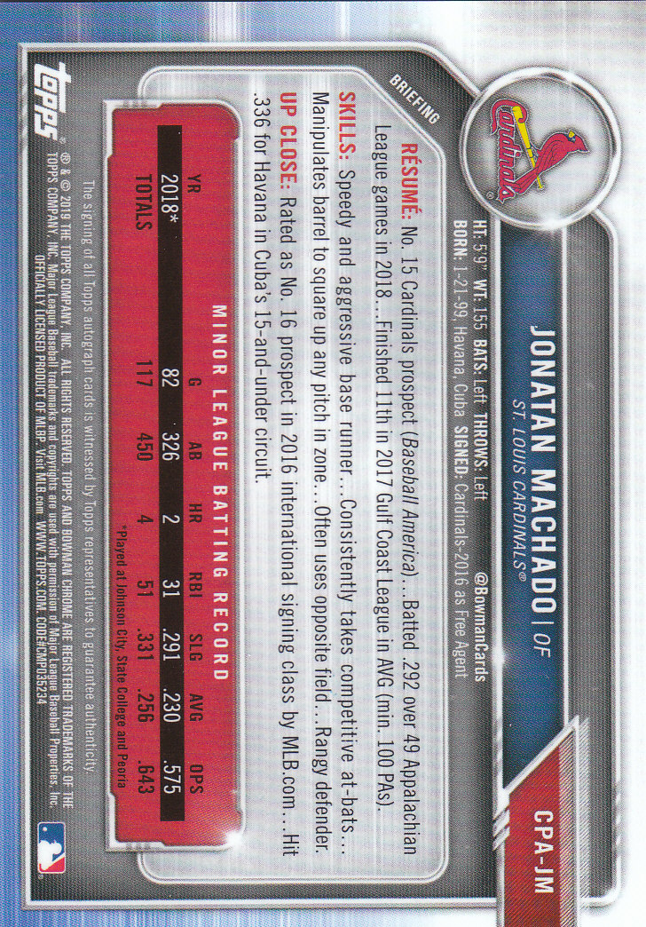 Tarjetas paralelas y inserciones de béisbol Bowman Chrome 2019 "Prospect Autographs" - Imagen 11 de 29