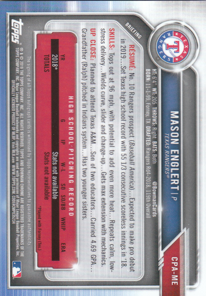 Tarjetas paralelas y inserciones de béisbol Bowman Chrome 2019 "Prospect Autographs" - Imagen 15 de 29