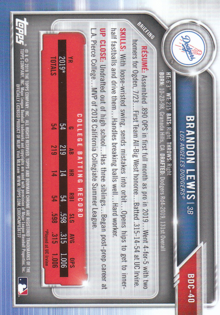 2019 Bowman Chrome Draft Baseball Part 1 Main Set Cards #BDC1 to #BDC200 - Picture 79 of 383
