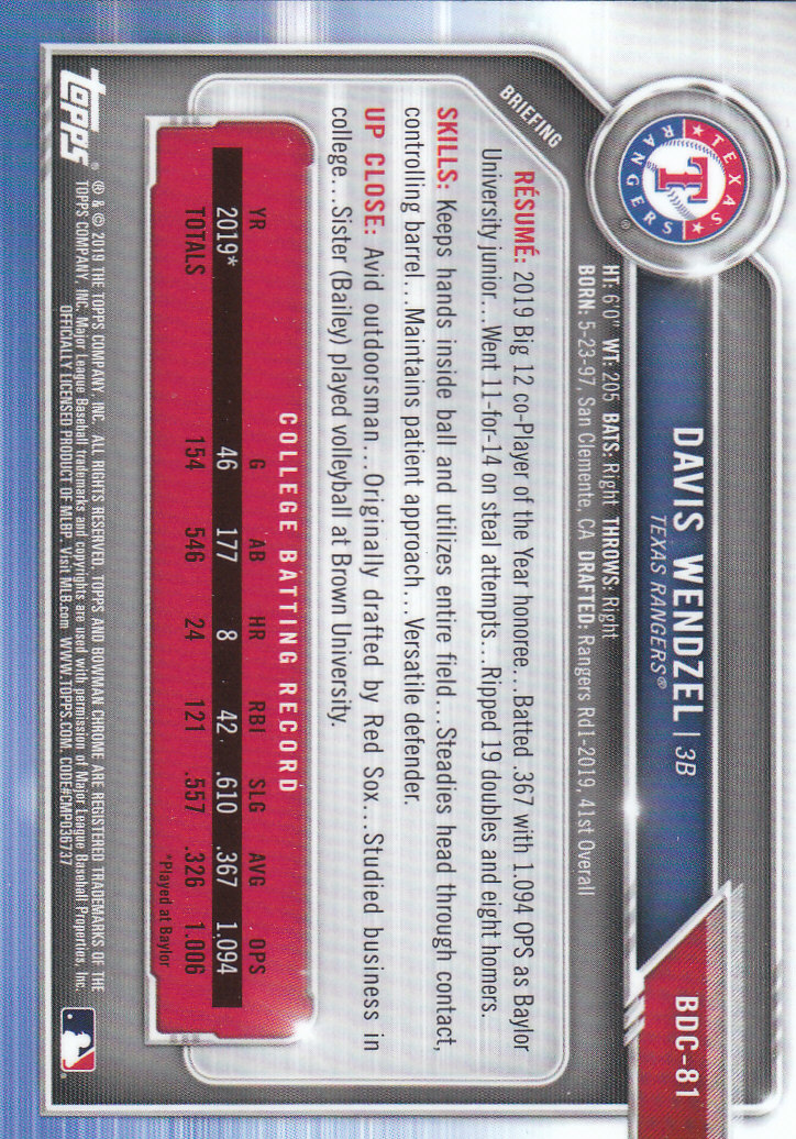 2019 Bowman Chrome Draft Baseball Part 1 Main Set Cards #BDC1 to #BDC200 - Picture 157 of 383