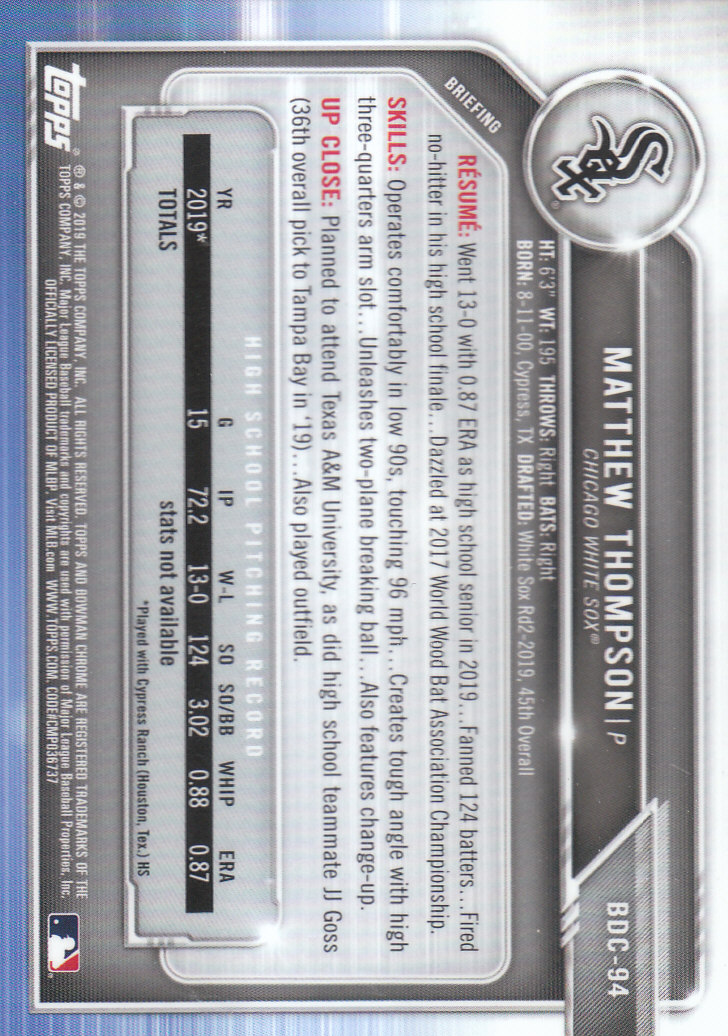 2019 Bowman Chrome Draft Baseball Part 1 Main Set Cards #BDC1 to #BDC200 - Picture 183 of 383