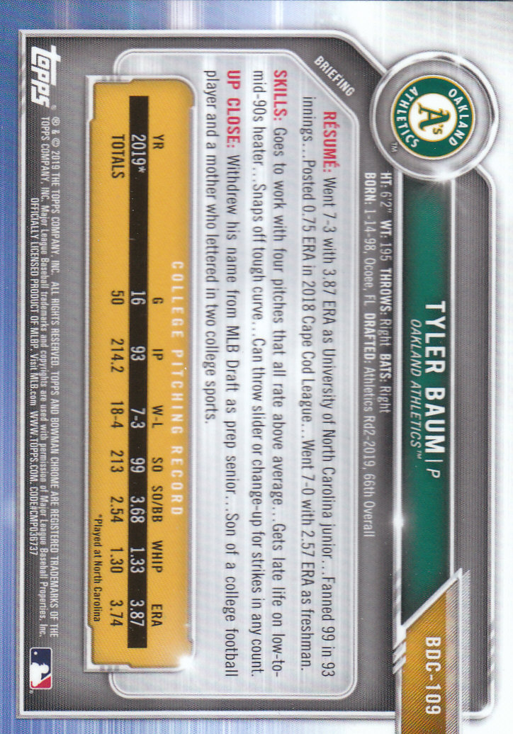 2019 Bowman Chrome Draft Baseball Part 1 Main Set Cards #BDC1 to #BDC200 - Picture 209 of 383