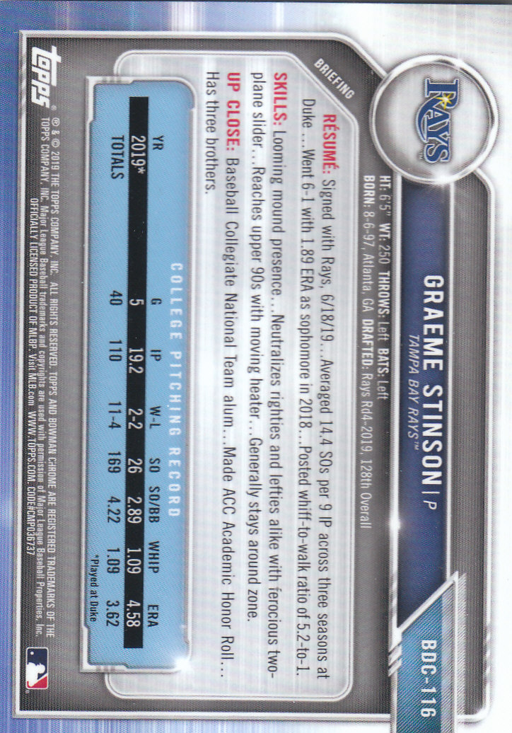 2019 Bowman Chrome Draft Baseball Part 1 Main Set Cards #BDC1 to #BDC200 - Picture 223 of 383