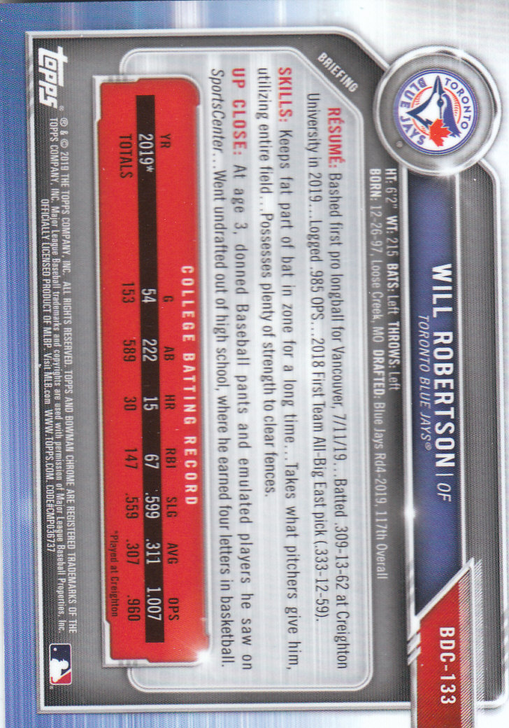 2019 Bowman Chrome Draft Baseball Part 1 Main Set Cards #BDC1 to #BDC200 - Picture 255 of 383