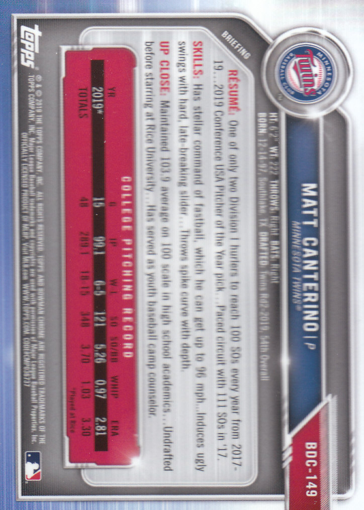 2019 Bowman Chrome Draft Baseball Part 1 Main Set Cards #BDC1 to #BDC200 - Picture 283 of 383