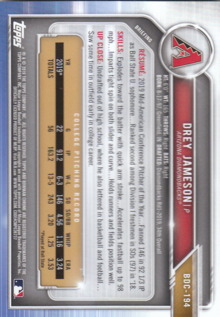 2019 Bowman Chrome Draft Baseball Part 1 Main Set Cards #BDC1 to #BDC200 - Picture 371 of 383