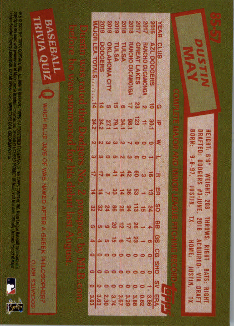 2020 Topps Baseball '85 Topps Series 1 Insert - Parallel - Relic Cards - Picture 23 of 43