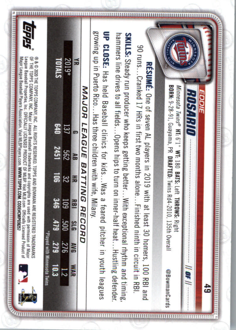 2020 Bowman Baseball (Paper) Part 1 Main Set Cards #1 to #100 Rookies and Vets - Picture 93 of 193