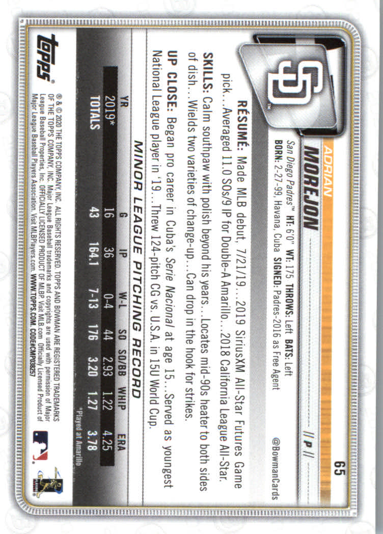 2020 Bowman Baseball (Paper) Part 1 Main Set Cards #1 to #100 Rookies and Vets - Picture 125 of 193