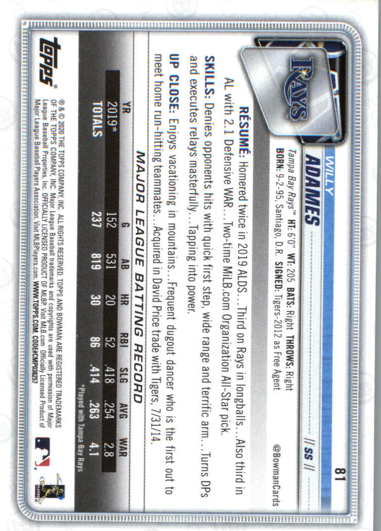 2020 Bowman Baseball (Paper) Part 1 Main Set Cards #1 to #100 Rookies and Vets - Picture 155 of 193