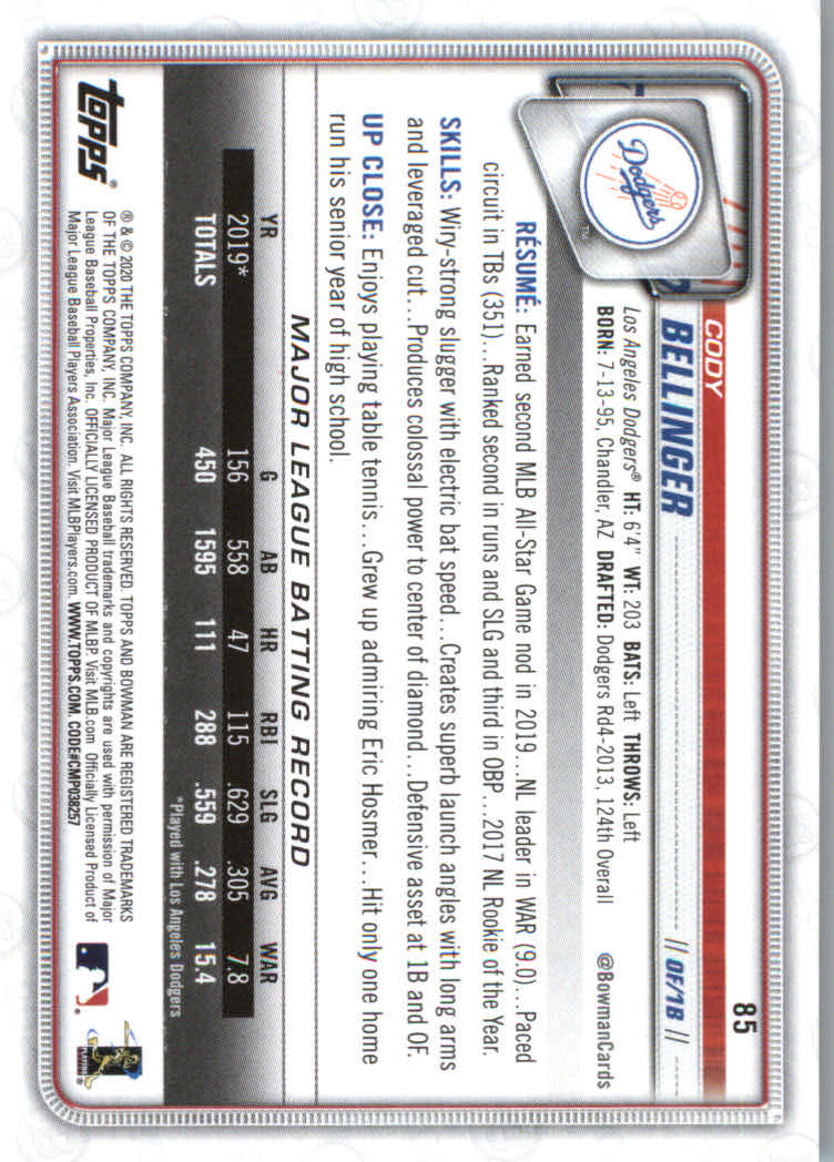 2020 Bowman Baseball (Paper) Part 1 Main Set Cards #1 to #100 Rookies and Vets - Picture 163 of 193