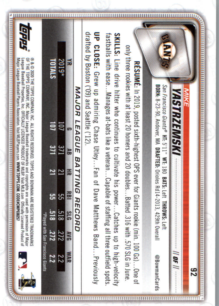 2020 Bowman Baseball (Paper) Part 1 Main Set Cards #1 to #100 Rookies and Vets - Picture 177 of 193