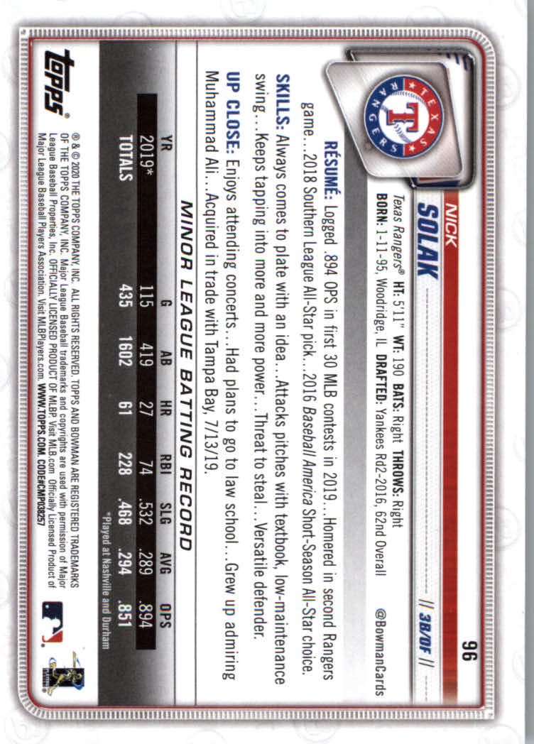 2020 Bowman Baseball (Paper) Part 1 Main Set Cards #1 to #100 Rookies and Vets - Picture 185 of 193