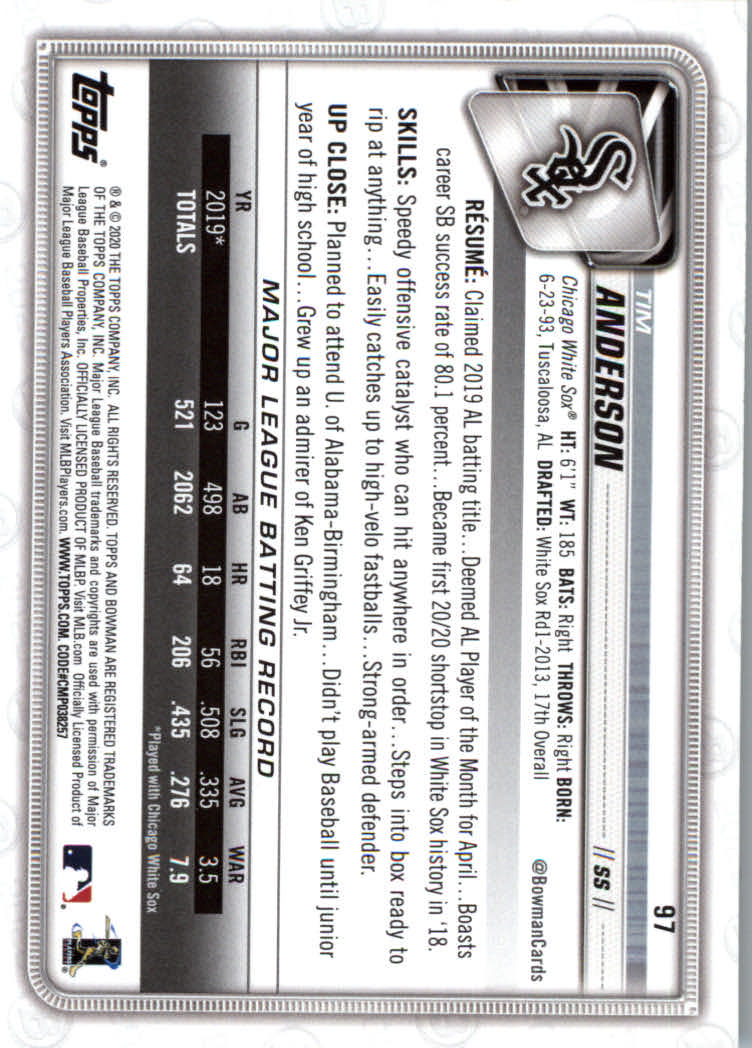 2020 Bowman Baseball (Paper) Part 1 Main Set Cards #1 to #100 Rookies and Vets - Picture 187 of 193