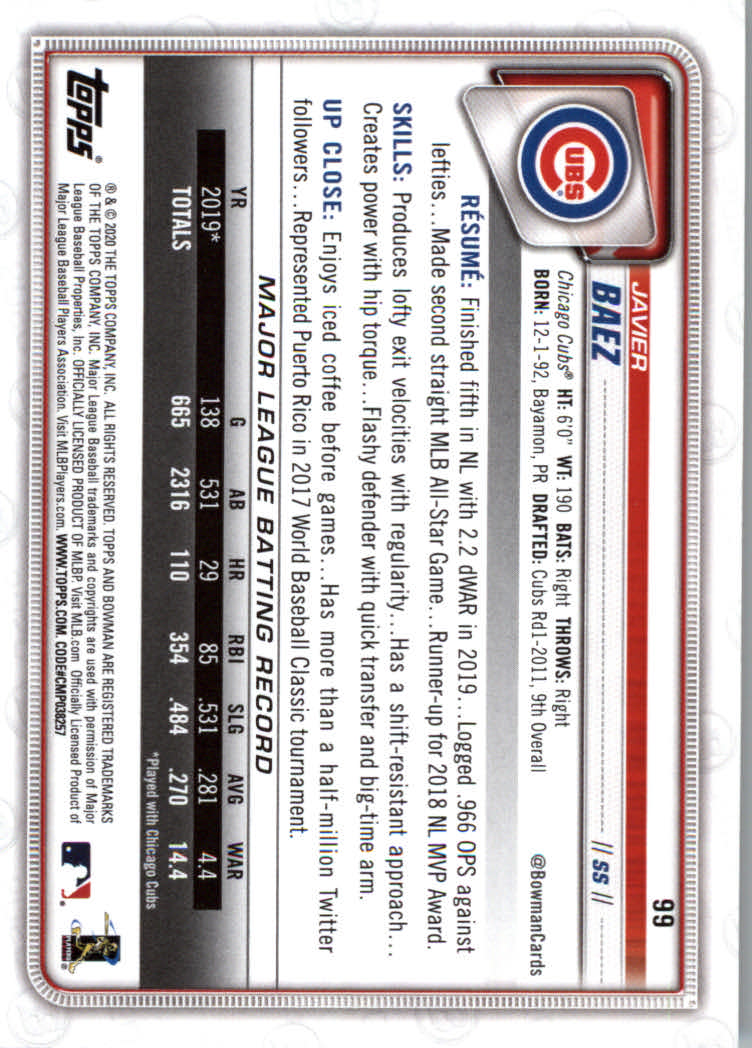 2020 Bowman Baseball (Paper) Part 1 Main Set Cards #1 to #100 Rookies and Vets - Picture 191 of 193