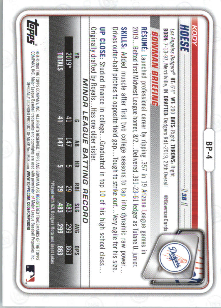 2020 Bowman Baseball (Paper) Part 2 Prospects Cards #BP1 to #BP150 - Picture 9 of 289