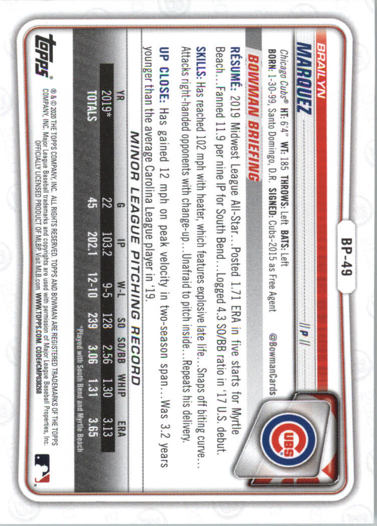 2020 Bowman Baseball (Paper) Part 2 Prospects Cards #BP1 to #BP150 - Picture 95 of 289