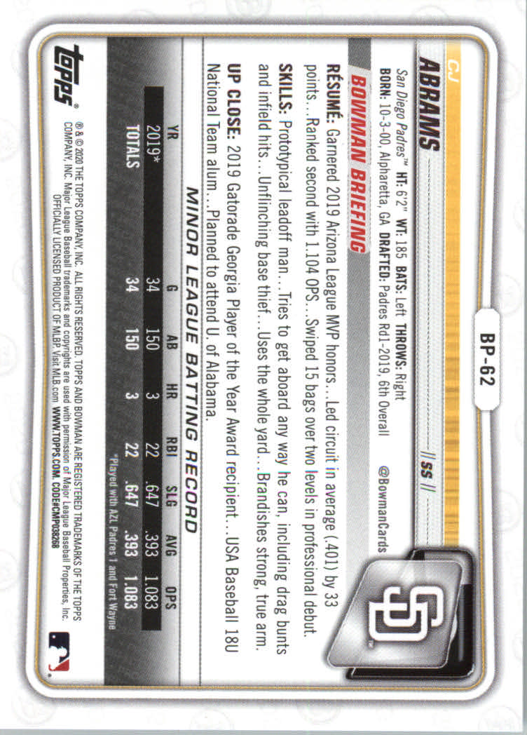 2020 Bowman Baseball (Paper) Part 2 Prospects Cards #BP1 to #BP150 - Picture 119 of 289