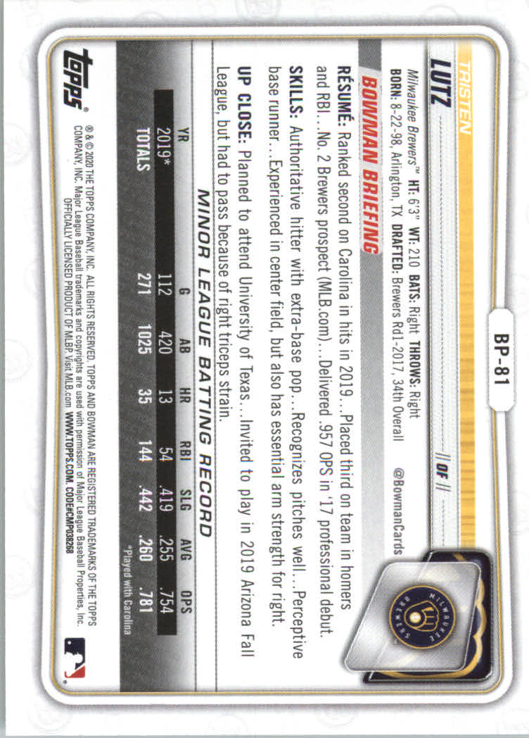 2020 Bowman Baseball (Paper) Part 2 Prospects Cards #BP1 to #BP150 - Picture 157 of 289