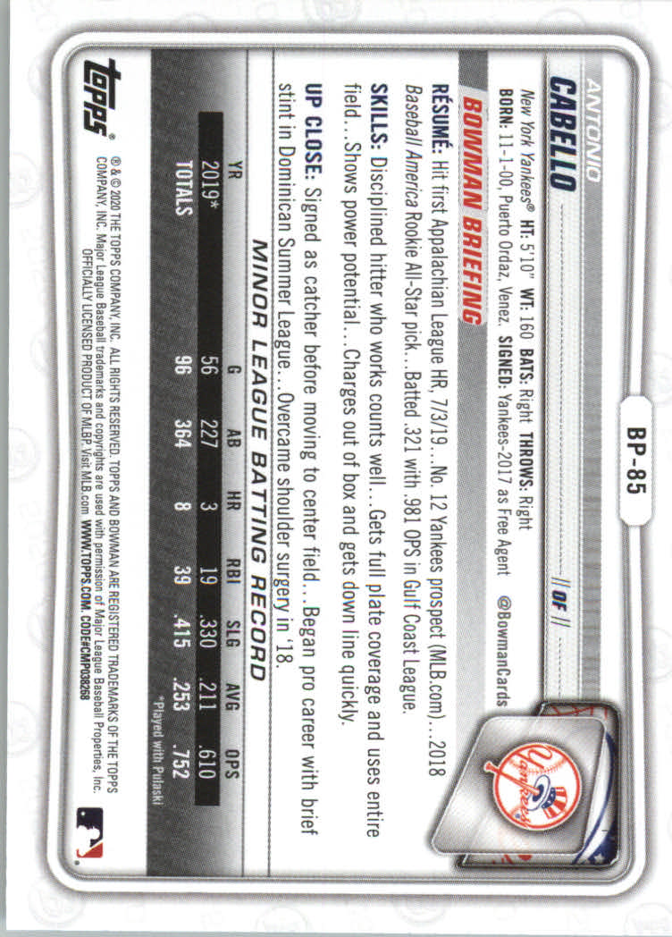 2020 Bowman Baseball (Paper) Part 2 Prospects Cards #BP1 to #BP150 - Picture 165 of 289