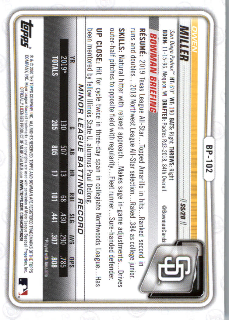 2020 Bowman Baseball (Paper) Part 2 Prospects Cards #BP1 to #BP150 - Picture 199 of 289