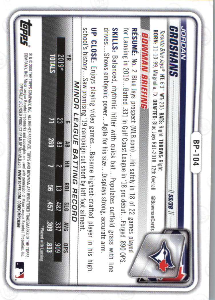 2020 Bowman Baseball (Paper) Part 2 Prospects Cards #BP1 to #BP150 - Picture 203 of 289