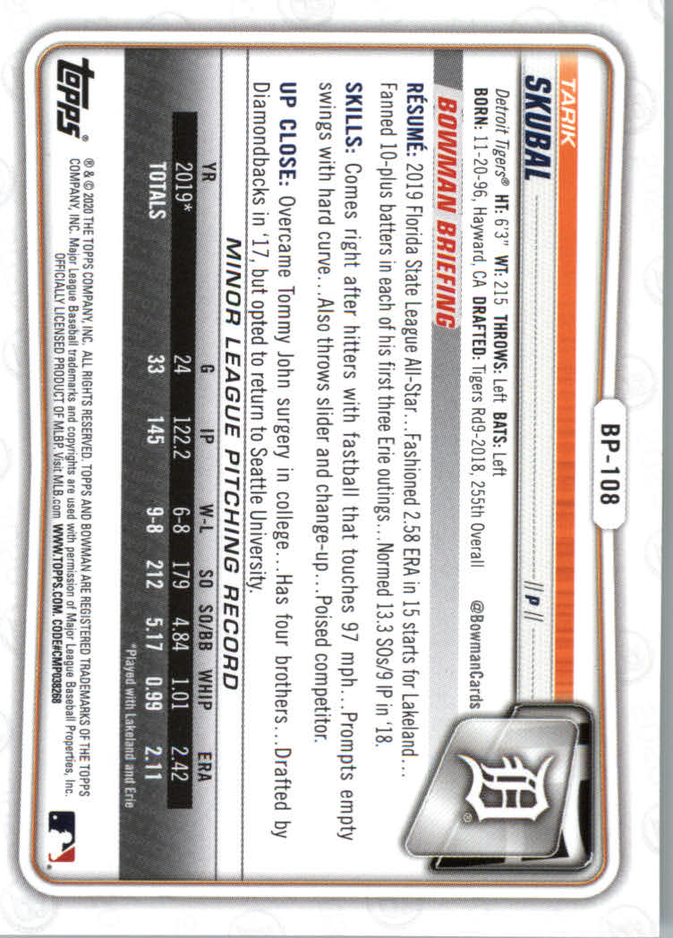 2020 Bowman Baseball (Paper) Part 2 Prospects Cards #BP1 to #BP150 - Picture 211 of 289