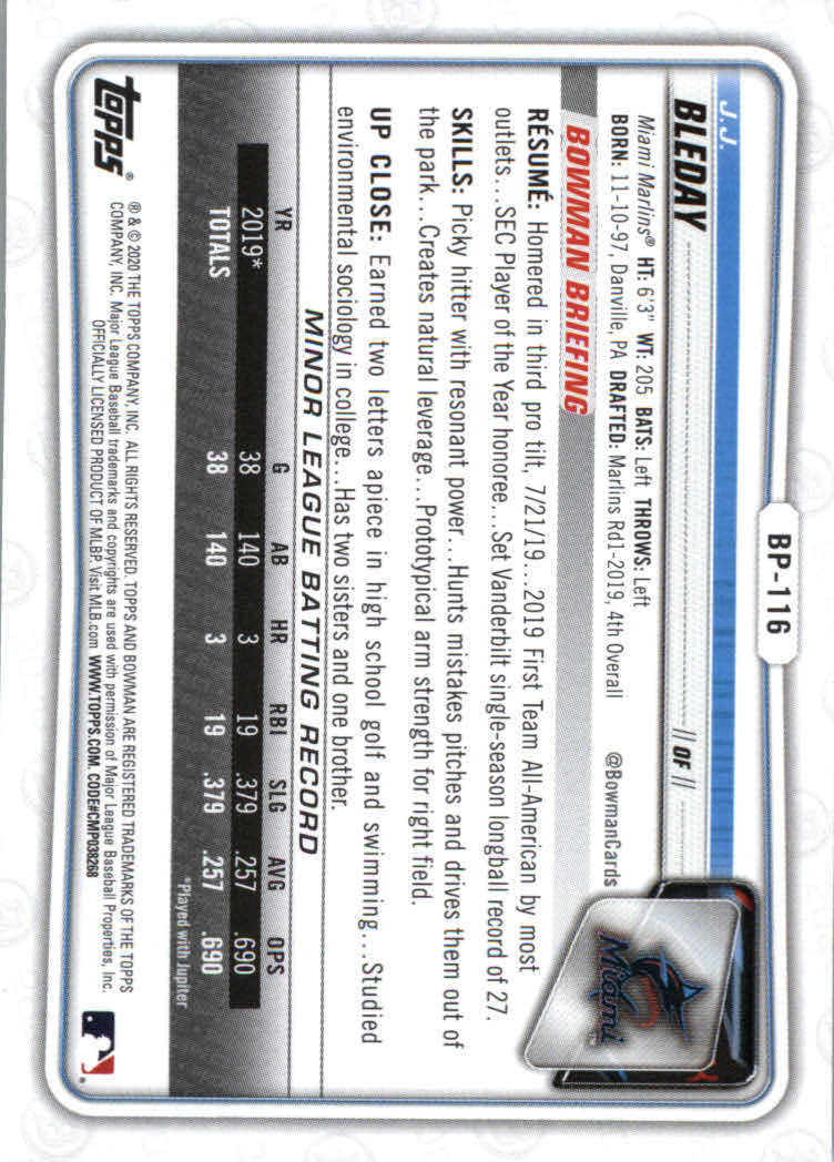 2020 Bowman Baseball (Paper) Part 2 Prospects Cards #BP1 to #BP150 - Picture 227 of 289