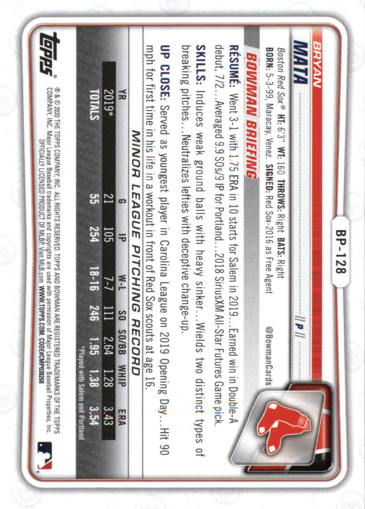 2020 Bowman Baseball (Paper) Part 2 Prospects Cards #BP1 to #BP150 - Picture 249 of 289