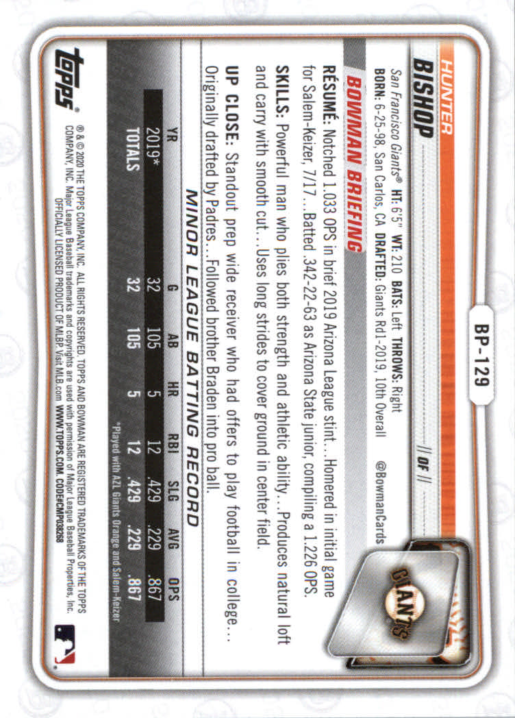 2020 Bowman Baseball (Paper) Part 2 Prospects Cards #BP1 to #BP150 - Picture 251 of 289