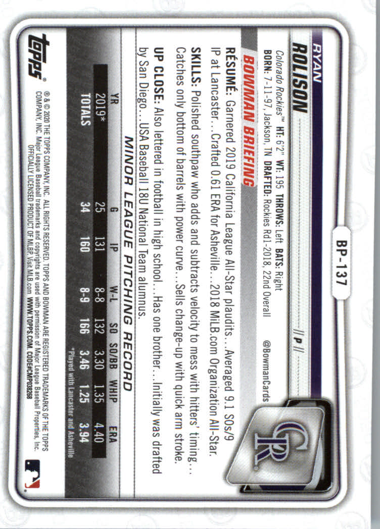 2020 Bowman Baseball (Paper) Part 2 Prospects Cards #BP1 to #BP150 - Picture 265 of 289