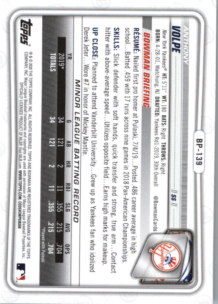 2020 Bowman Baseball (Paper) Part 2 Prospects Cards #BP1 to #BP150 - Picture 269 of 289