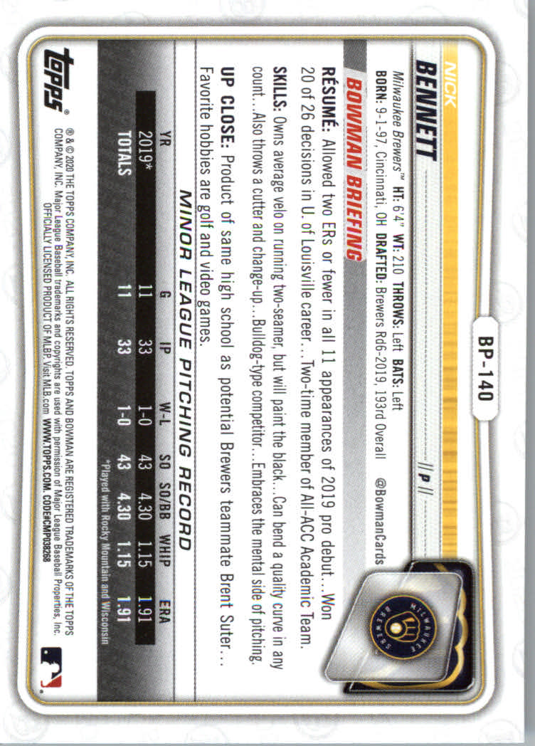 2020 Bowman Baseball (Paper) Part 2 Prospects Cards #BP1 to #BP150 - Picture 271 of 289