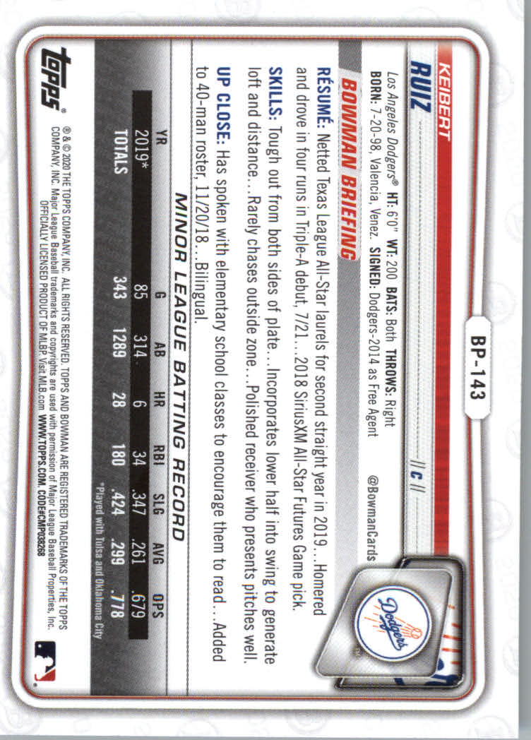 2020 Bowman Baseball (Paper) Part 2 Prospects Cards #BP1 to #BP150 - Picture 277 of 289
