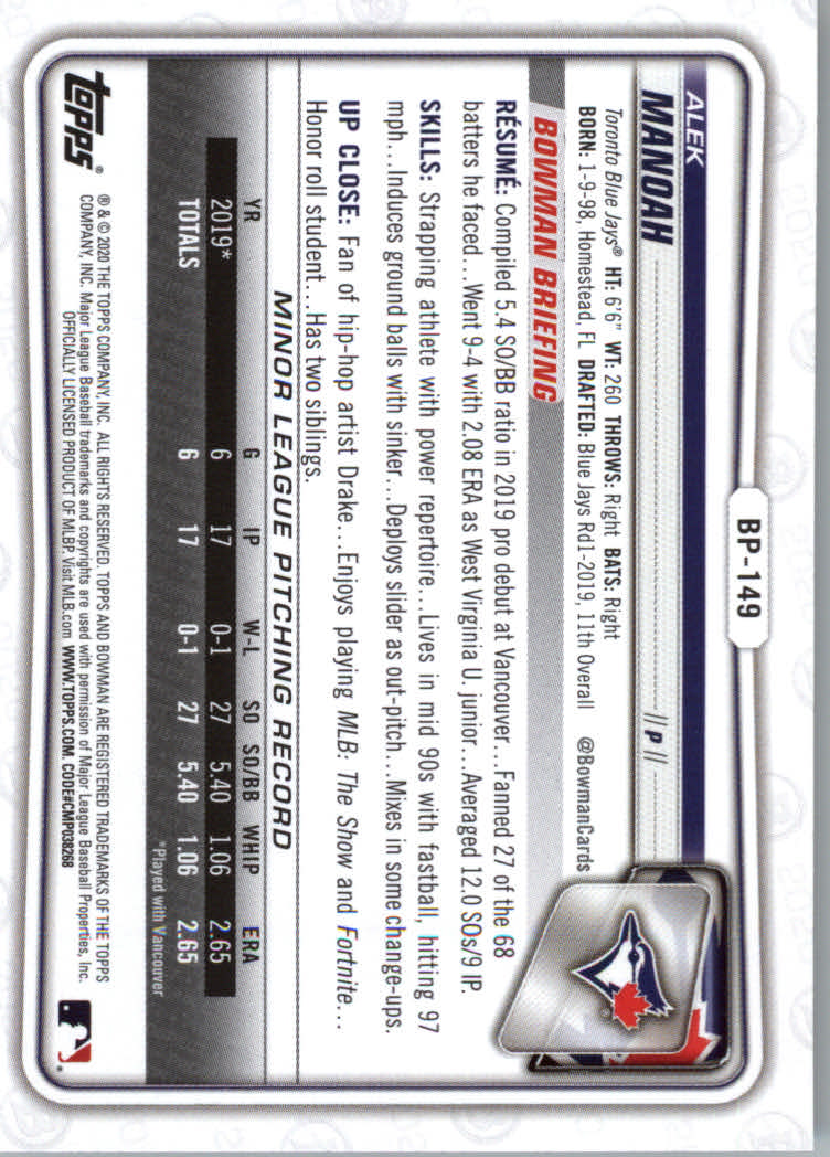 2020 Bowman Baseball (Paper) Part 2 Prospects Cards #BP1 to #BP150 - Picture 287 of 289