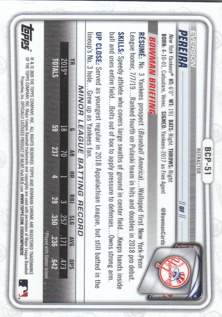 2020 Bowman Chrome Baseball "Refractors" Prospects Parallel Cards - Picture 57 of 73