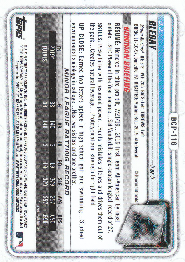2020 Bowman Chrome Baseball "Refractors" Prospects Parallel Cards - Picture 73 of 73