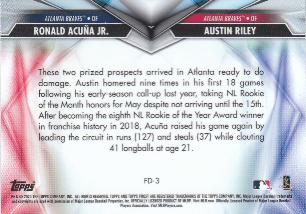 Tarjetas de ""inserto dual"" de béisbol Finest (Topps) 2020 - Imagen 5 de 19