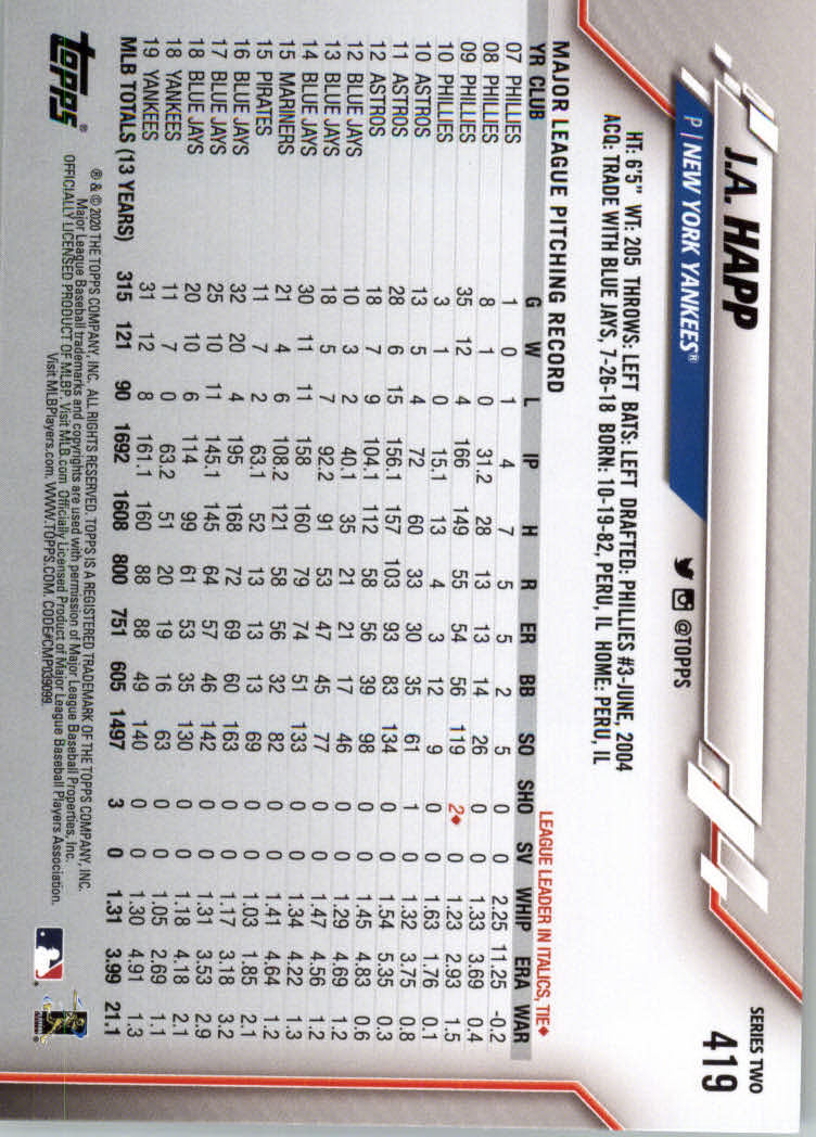 2020 TOPPS BASEBALL ASSORTED SINGLES U-PICK #251-500 - Picture 183 of 301