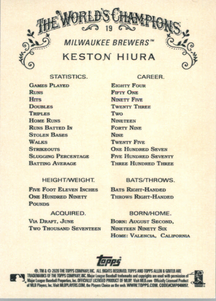 2020 Allen and Ginter (Topps) Baseball "Main Set" Base Cards #1 to #250 - Picture 37 of 467