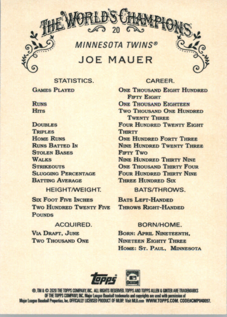 2020 Allen and Ginter (Topps) Baseball "Main Set" Base Cards #1 to #250 - Picture 39 of 467