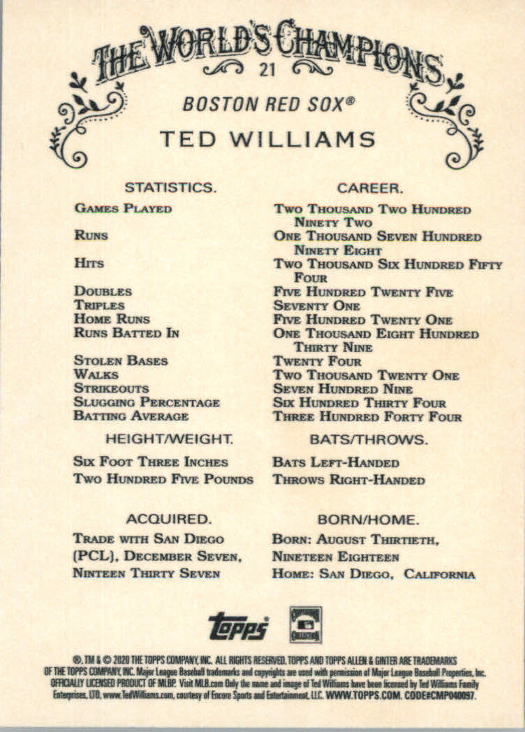 2020 Allen and Ginter (Topps) Baseball "Main Set" Base Cards #1 to #250 - Picture 41 of 467