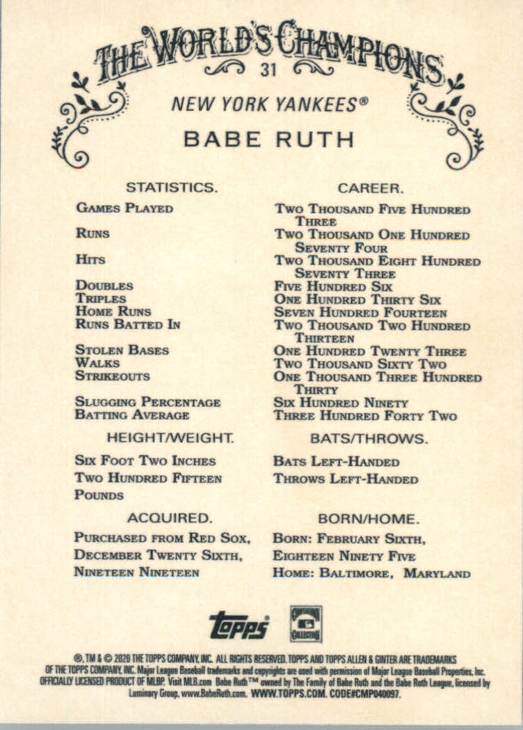 2020 Allen and Ginter (Topps) Baseball "Main Set" Base Cards #1 to #250 - Picture 59 of 467