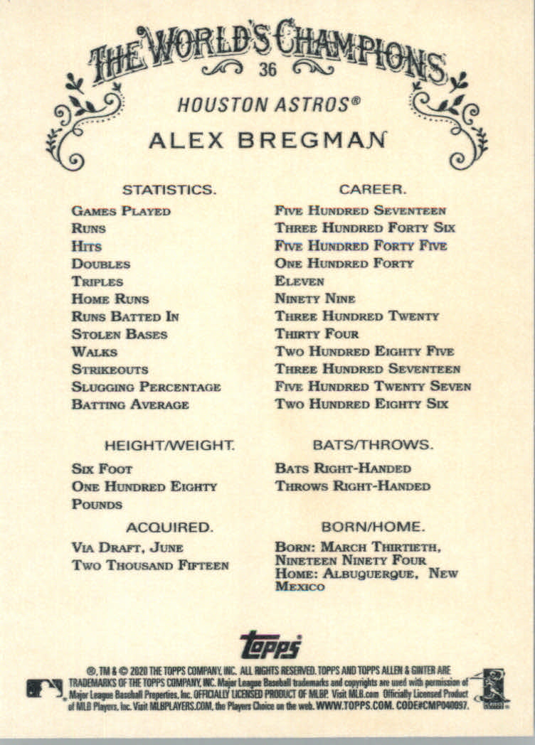 2020 Allen and Ginter (Topps) Baseball "Main Set" Base Cards #1 to #250 - Picture 65 of 467