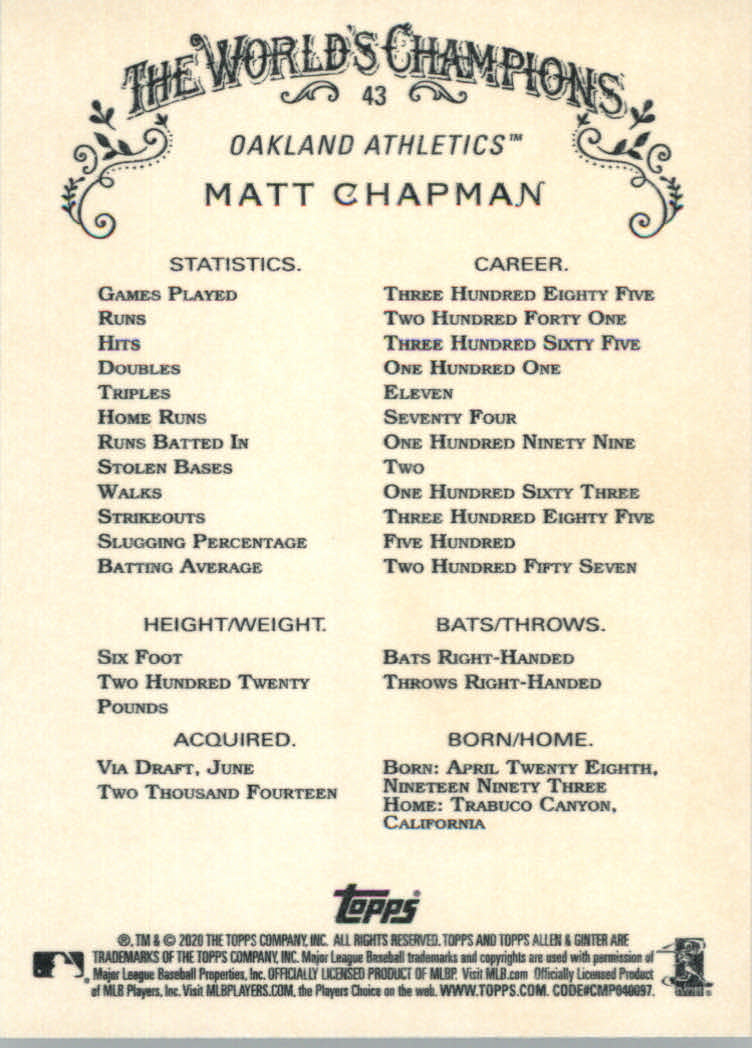 2020 Allen and Ginter (Topps) Baseball "Main Set" Base Cards #1 to #250 - Picture 79 of 467