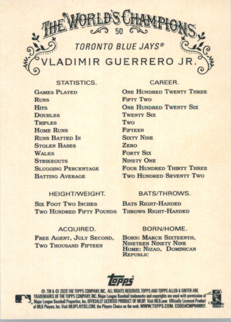 2020 Allen and Ginter (Topps) Baseball "Main Set" Base Cards #1 to #250 - Picture 91 of 467