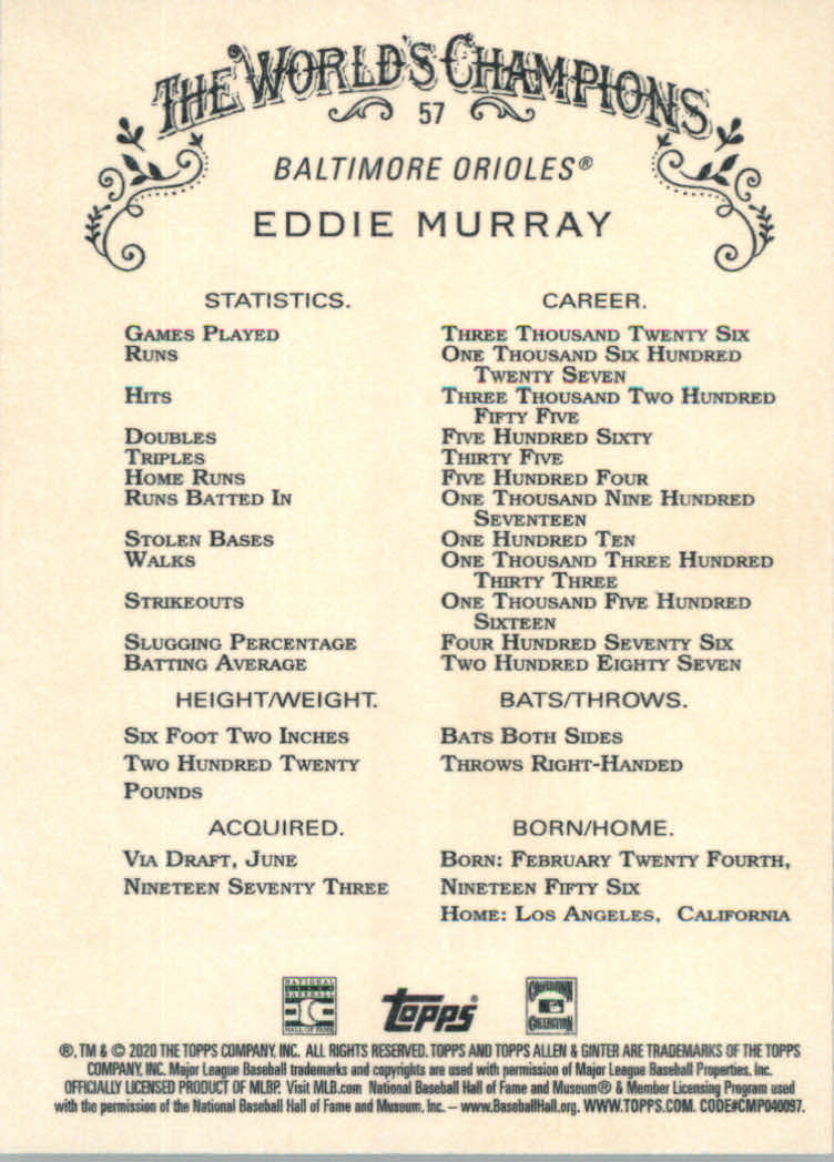 2020 Allen and Ginter (Topps) Baseball "Main Set" Base Cards #1 to #250 - Picture 105 of 467