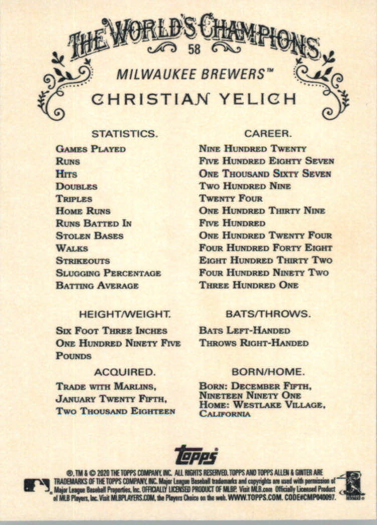 2020 Allen and Ginter (Topps) Baseball "Main Set" Base Cards #1 to #250 - Picture 107 of 467